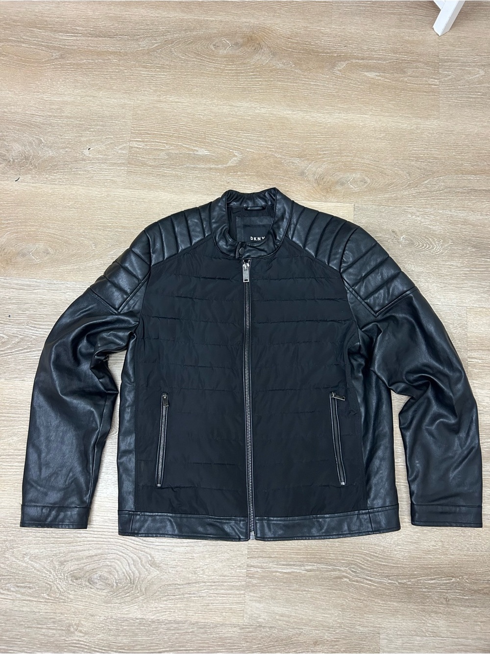 DKNY Size Large Men's Mixed Media Faux Leather Puffer Motocros Racer Jacket